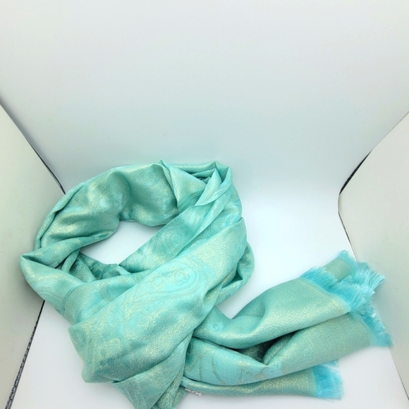 Silk Blend Aqua Green Metallic Floral Print Scarf  27"×74" - Picture 2 of 7
